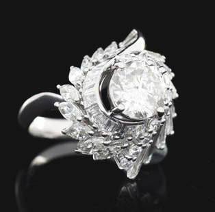 LADIES' PLATINUM & 2CT ROUND DIAMOND RING W/ REPORT: Ladies' vintage style platinum and diamond engagement ring consisting of 1 round brilliant cut natural diamond weighing 2.01cts graded is I color, I1 clarity, and 43 mixed marquise, round and baguette