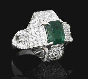 LADIES' PLATINUM EMERALD & DIAMOND RING W/GIA REPORT: Ladies' platinum emerald and diamond ring consisting of 1 octagonal step-cut emerald weighing 3.72cts and 258 mixed baguette and round brilliant cut natural diamonds with a total weight of 2.35cts. Fi