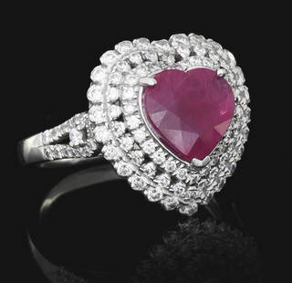 LADIES' PLATINUM BURMESE RUBY & DIAMOND RING W/ GIA REPORT: Ladies' platinum ruby and diamond ring consisting of 1 heart shape Burmese ruby weighing 3.19cts and 110 round brilliant cut natural diamonds with a total weight of 1.15cts. Finger size 8. Width at to