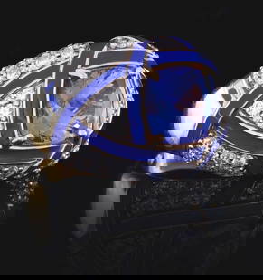 18K YELLOW GOLD TANZANITE & DIAMOND RING W/REPORT.: Ladies' 18k yellow gold tanzanite and diamond enameled ring consisting of 1 cushion cut tanzanite weighing 2.65cts and 50 round brilliant cut natural diamonds with a total weight of 1.13cts. Finger