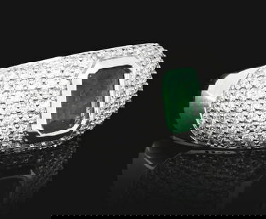 LADIES' 18K WHITE GOLD EMERALD & DIAMOND RING W/ REPORT: Ladies' 18k white gold emerald and diamond ring consisting of 1 octagonal step-cut emerald weighing 0.73cts and 1.09cts total weight in pave set round brilliant cut side diamonds. Finger size 7.