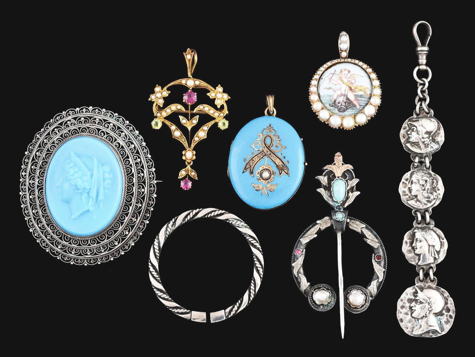 LOT OF 7: ANTIQUE JEWELRY PIECES, 6 STERLING & 1 GOLD (1 of 2)