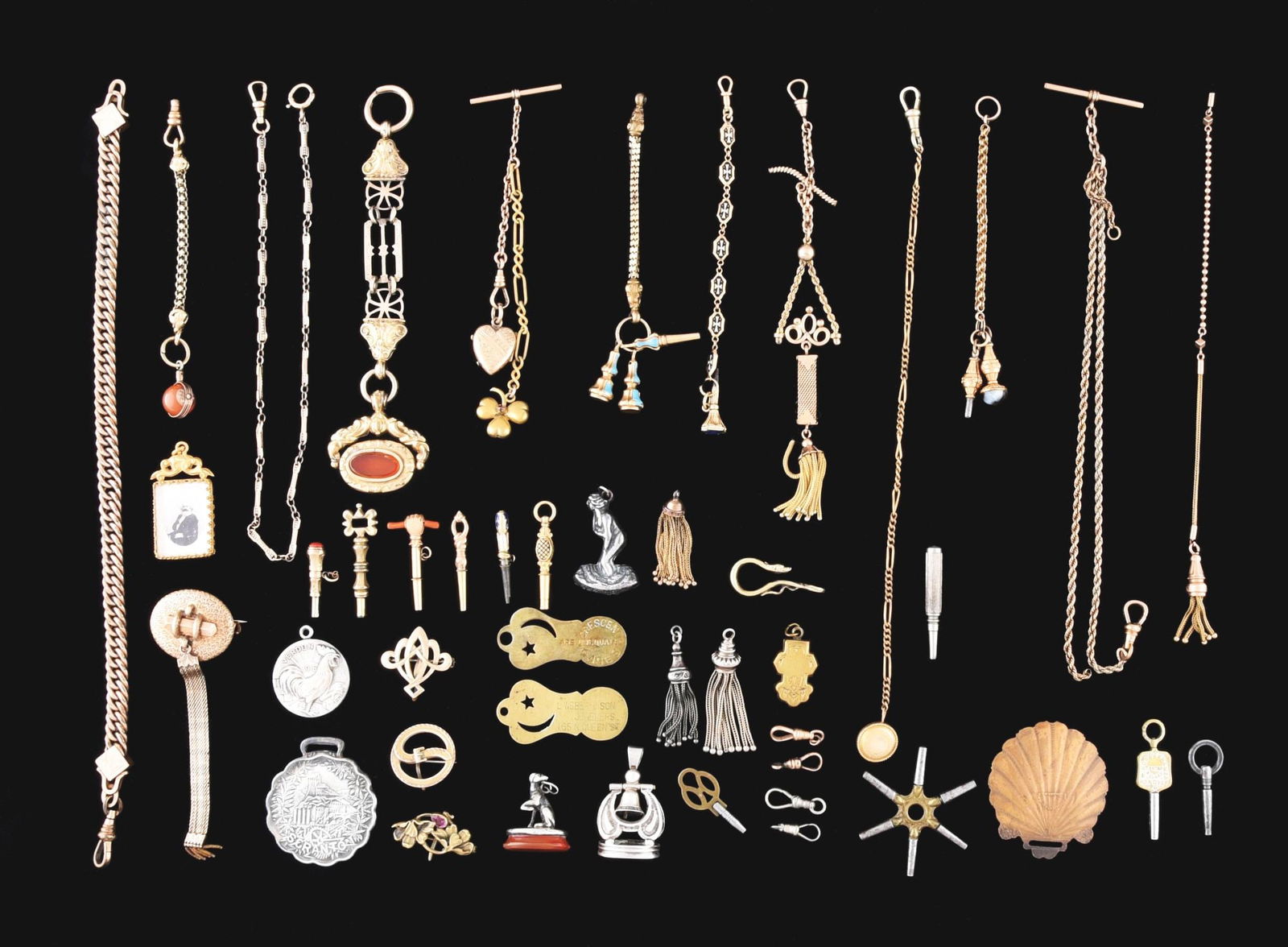 LOT OF MISCELLANEOUS WATCH CHAINS, FOBS & KEYS (1 of 1)