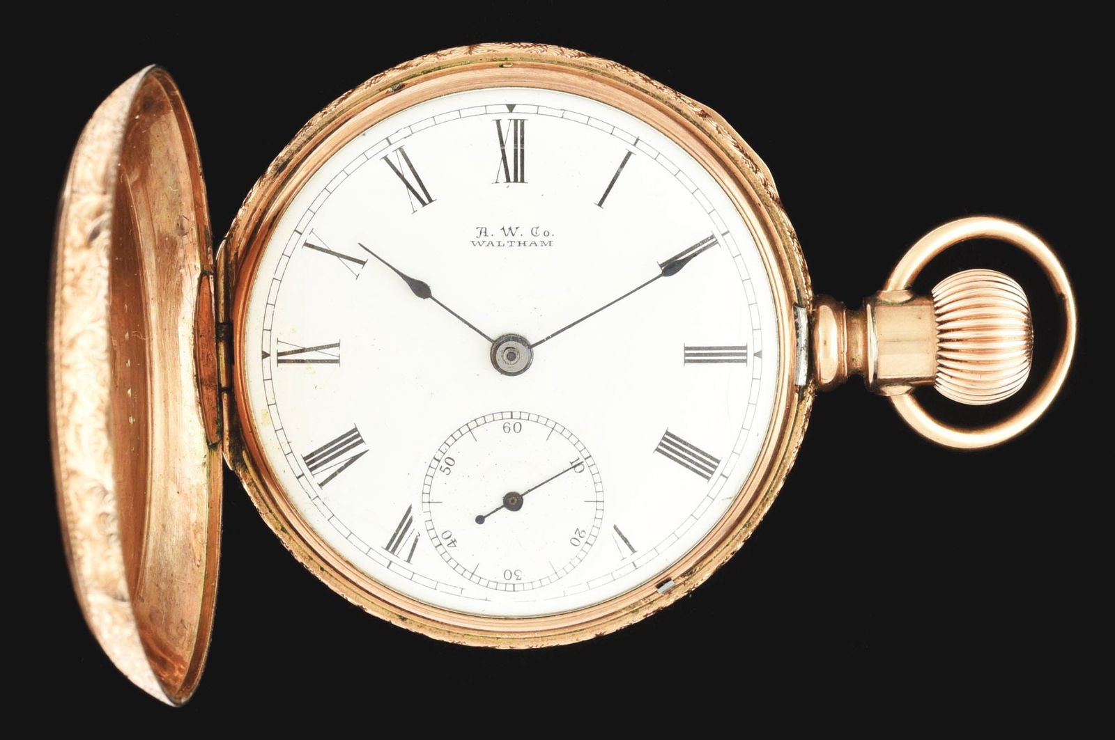 14K PINK GOLD WALTHAM H/C POCKET WATCH, CIRCA 1882 (1 of 11)