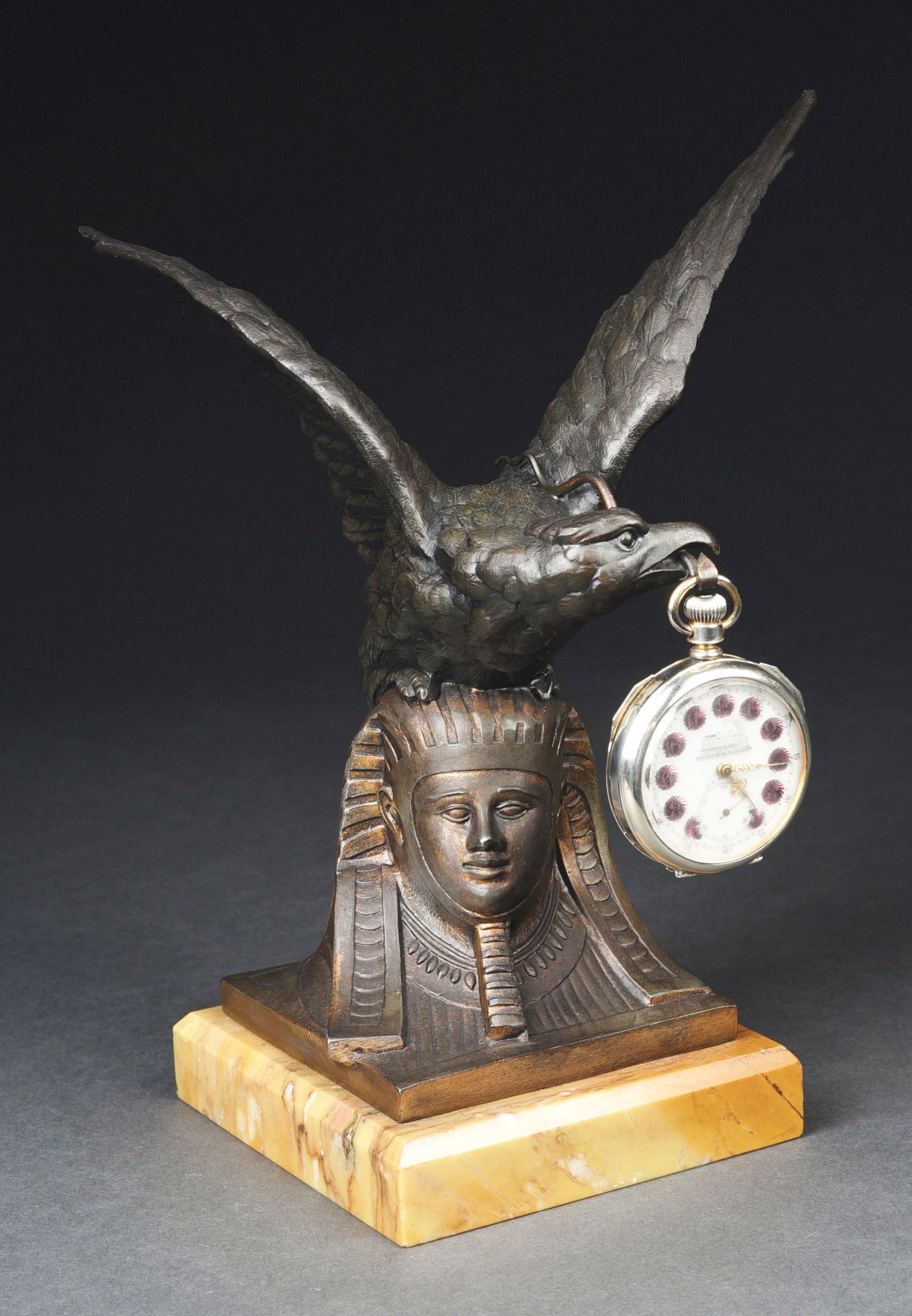 LARGE BRONZE EAGLE POCKET WATCH HOLDER ON MARBLE BASE (1 of 5)