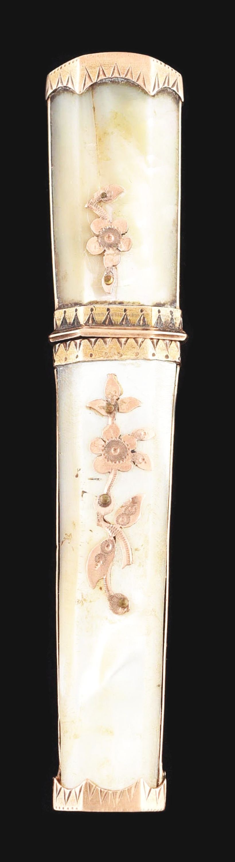 RARE 18TH CENTURY NEEDLE CASE: Louis XVI Palais Royal mother of pearl with gold tips and floral overlay. No damage or repairs. Condition: (Excellent) Dimensions: