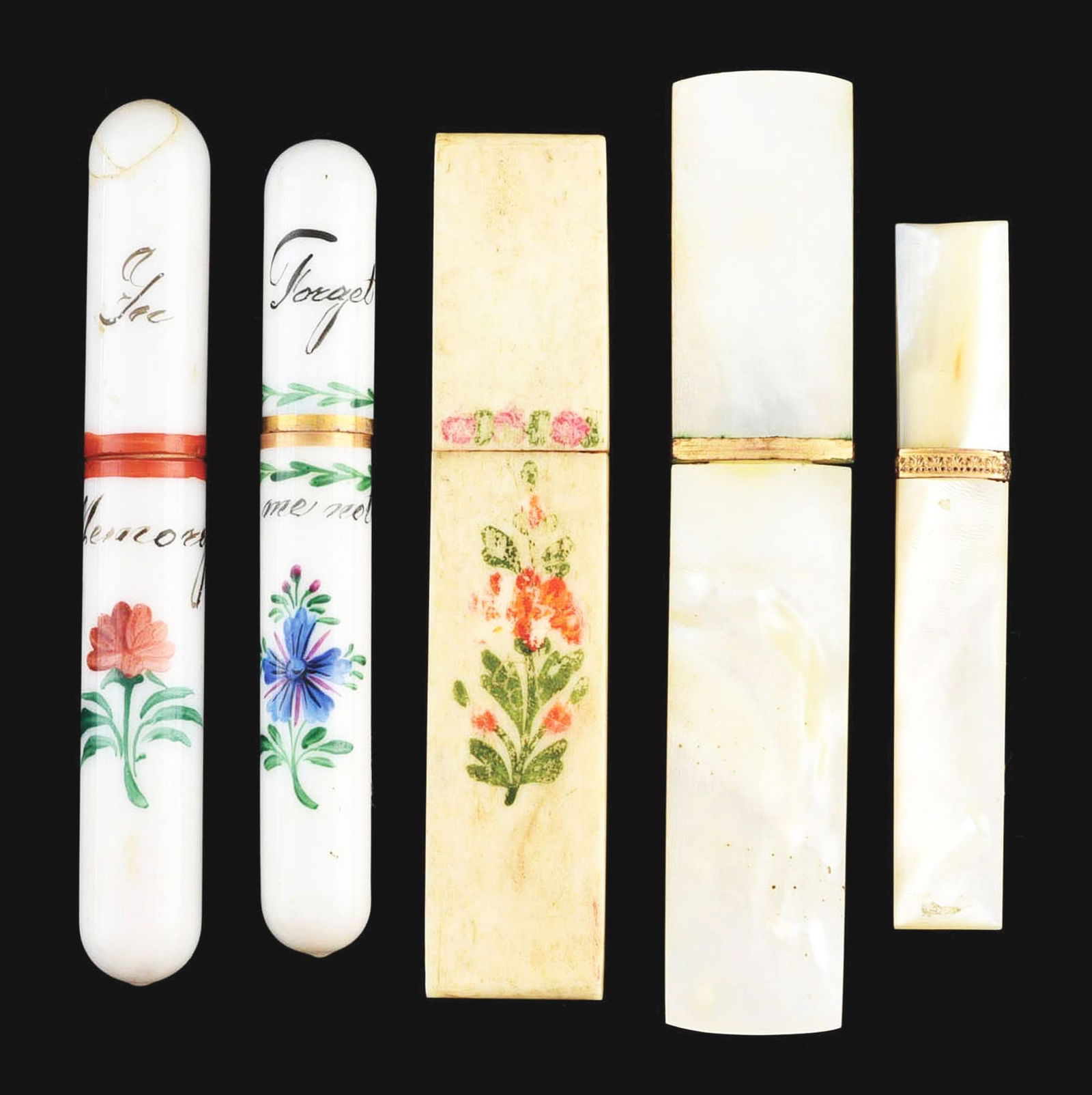 LOT OF 5: VICTORIAN NEEDLE CASES: Two are mother of pearl, one is hand-painted ivory and two are hand-painted glass, ranging from 3" to 4" long. No damage or repairs. Condition: (Excellent) Dimensions: