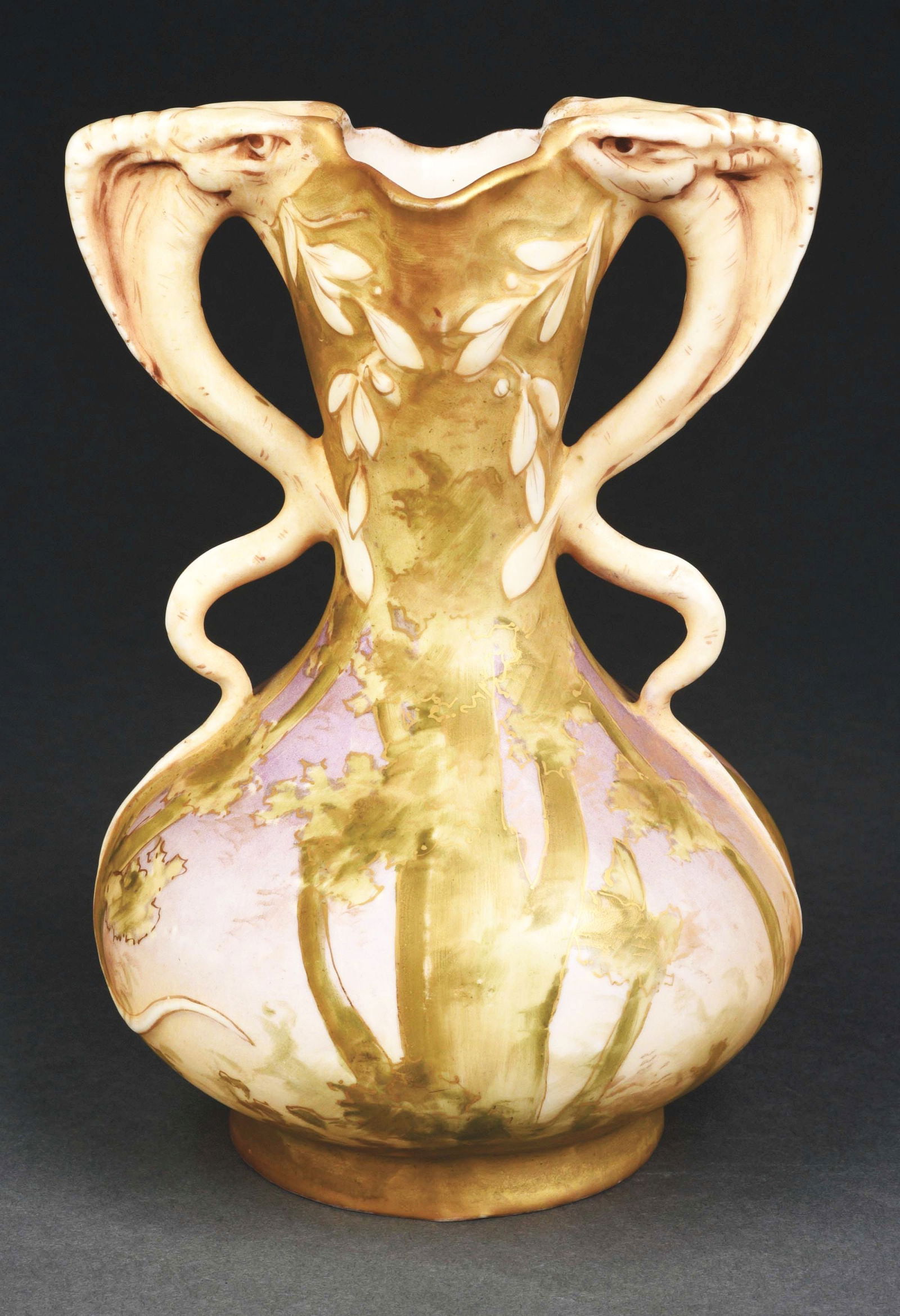 AMPHORA EARTHENWARE VASE WITH FOREST DECORATION AND SERPENT HANDLES. (1 of 6)