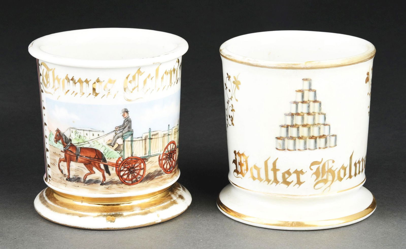 LOT OF 2: STACKED CANS AND HORSE DRAWN CART SHAVING MUGS (1 of 4)