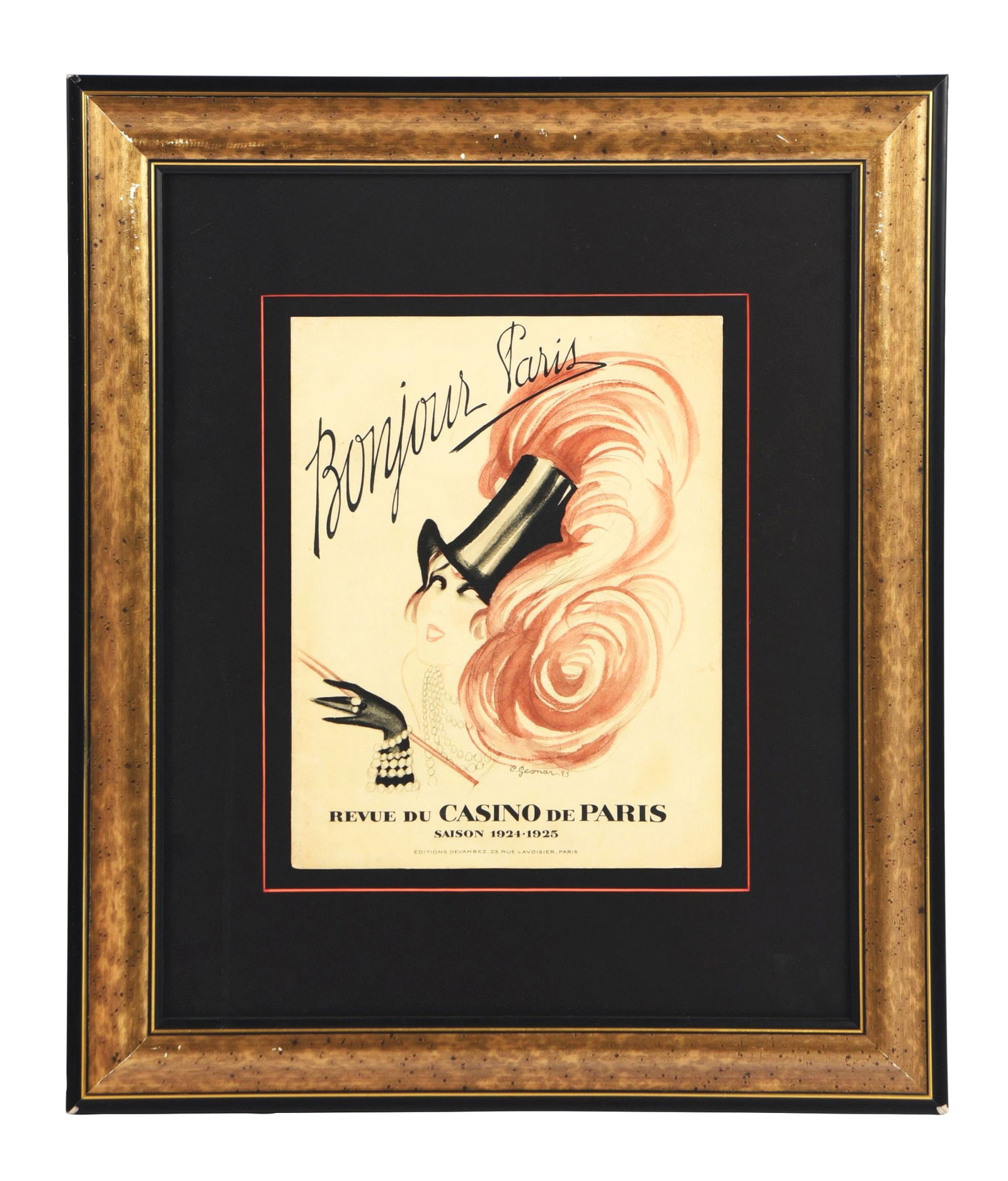 CHARLES GESMAR (FRENCH, 1900-1928): Bonjour Paris period lithographic program cover 12 - 1/2" x 9 - 5/8" sight size 24" x 20" framed floated on mat board, framed under glass Condition: Some toning on edges, but very good overall. Condit