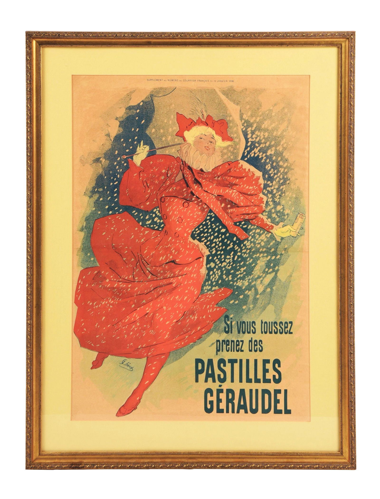 JULES CHERET (FRENCH, 1836-1932): lithographic supplement to the French periodical, Courrier Français 21 - 7/8" x 14 - 7/8" sight size 28" x 21" framed Condition: Dimensions: