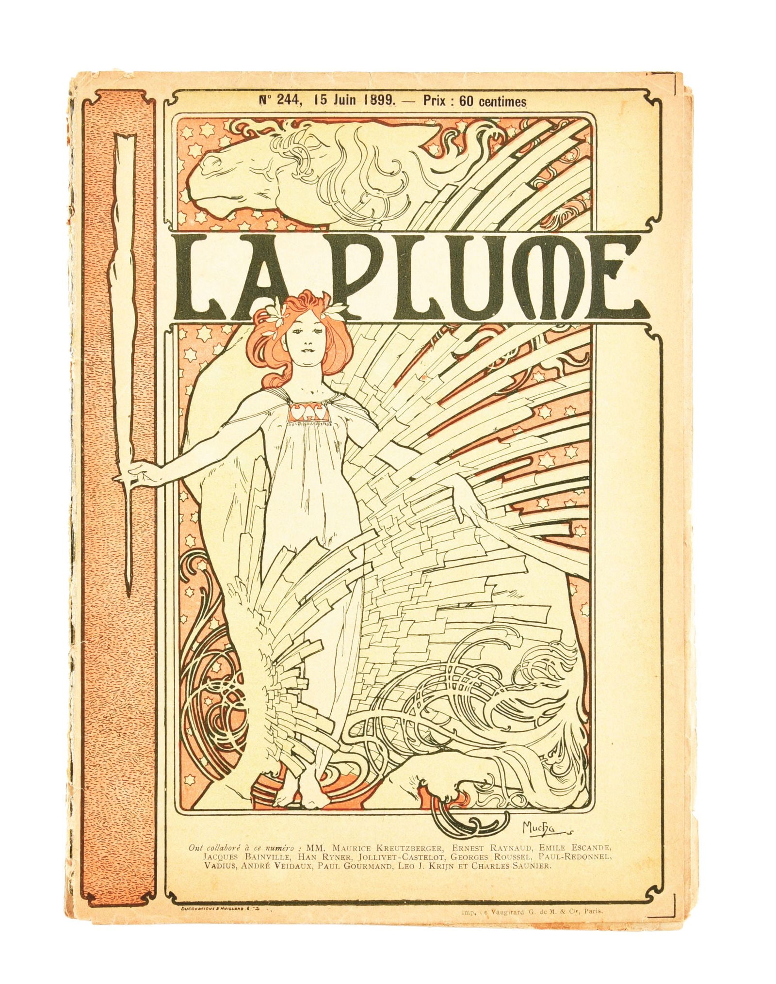 LA PLUME ALPHONSE MUCHA (1860-1939): 1899 Paris poster publication with cover art by Alphonse Mucha and interior reproductions of the artist's works. 10" x 7 - 3/8" CONDITION: Visible wear with some pages separated from binding. Conditio