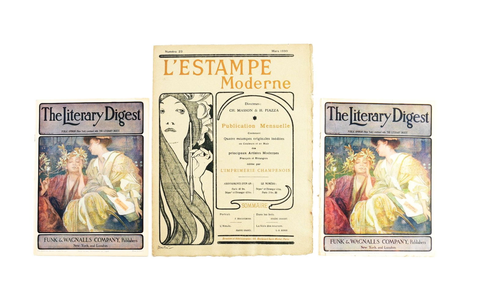 LOT OF 3: THE LITERARY DIGEST AND COVER ART BY MUCHA: a) The Literary Digest circa 1908, 1909. Published by Funk & Wagnalls Company, New York and London b) "L'estampe Moderne" Cover art by Alphonse Mucha (1860-1939). Sheet size: 16 - 1/4" x 12 - 1/4" Con