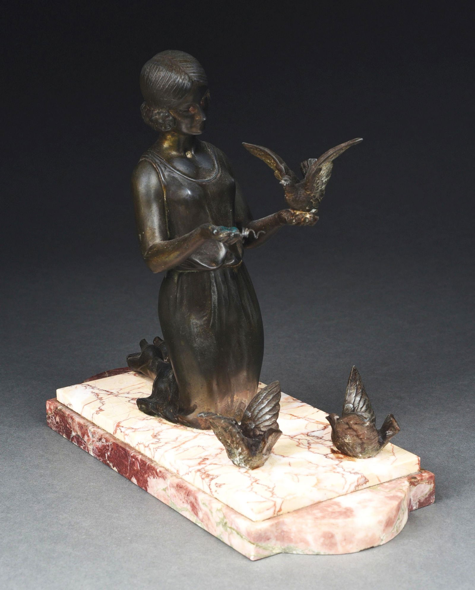 BRONZE ART DECO FIGURE OF GIRL FEEDING BIRD W/ 2 BIRDS AT BASE (1 of 5)