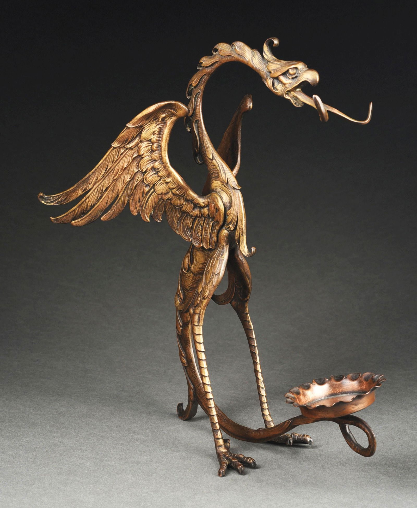 BRONZE PHOENIX DRAGON-LIKE WINGED BIRD W/ TRAY & EXTRUDING TONGUE (1 of 4)