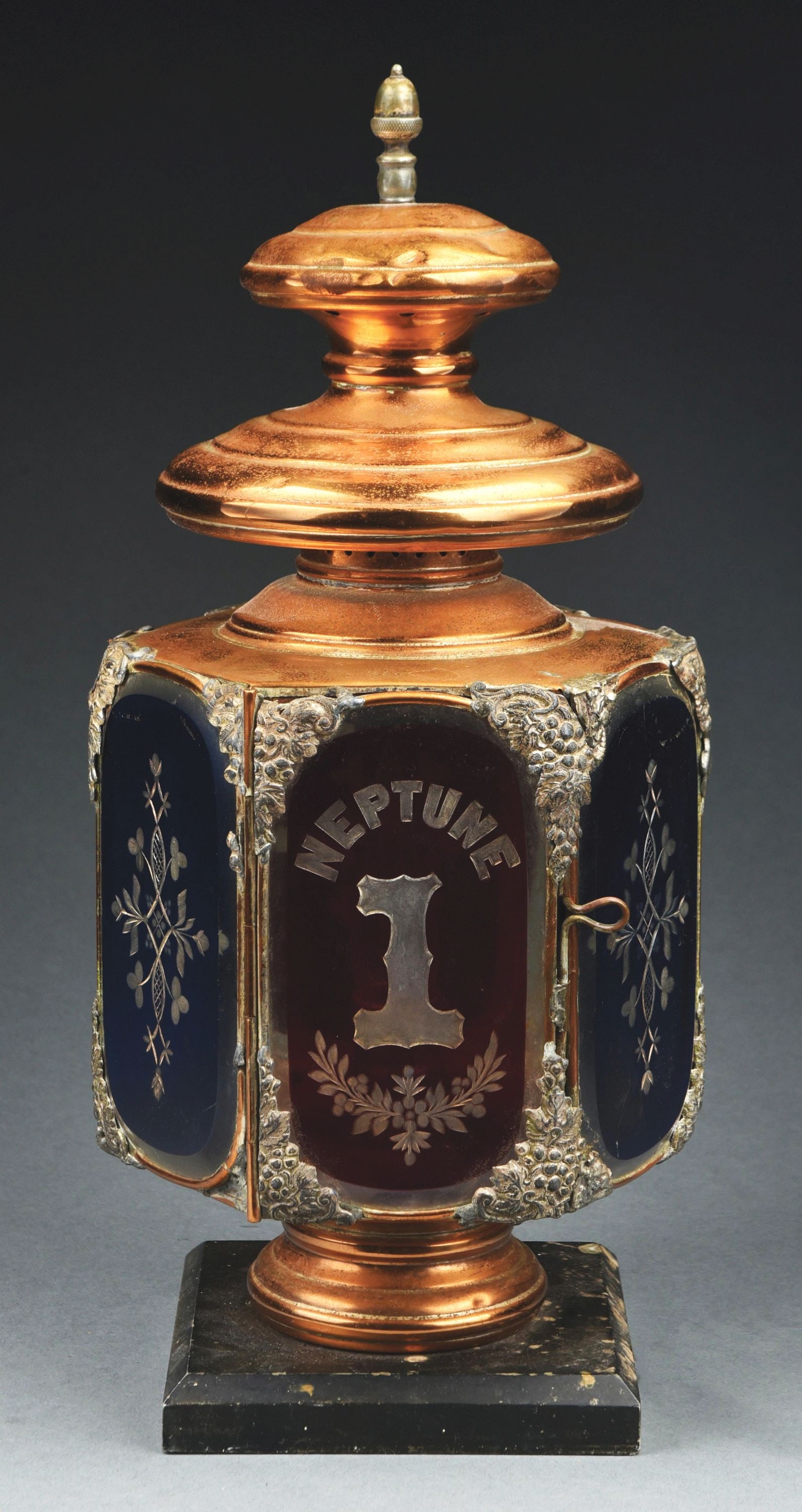 RARE ANTIQUE NEPTUNE FIRE COMPANY NO. 1 BRASS ENGINE LAMP (1 of 4)