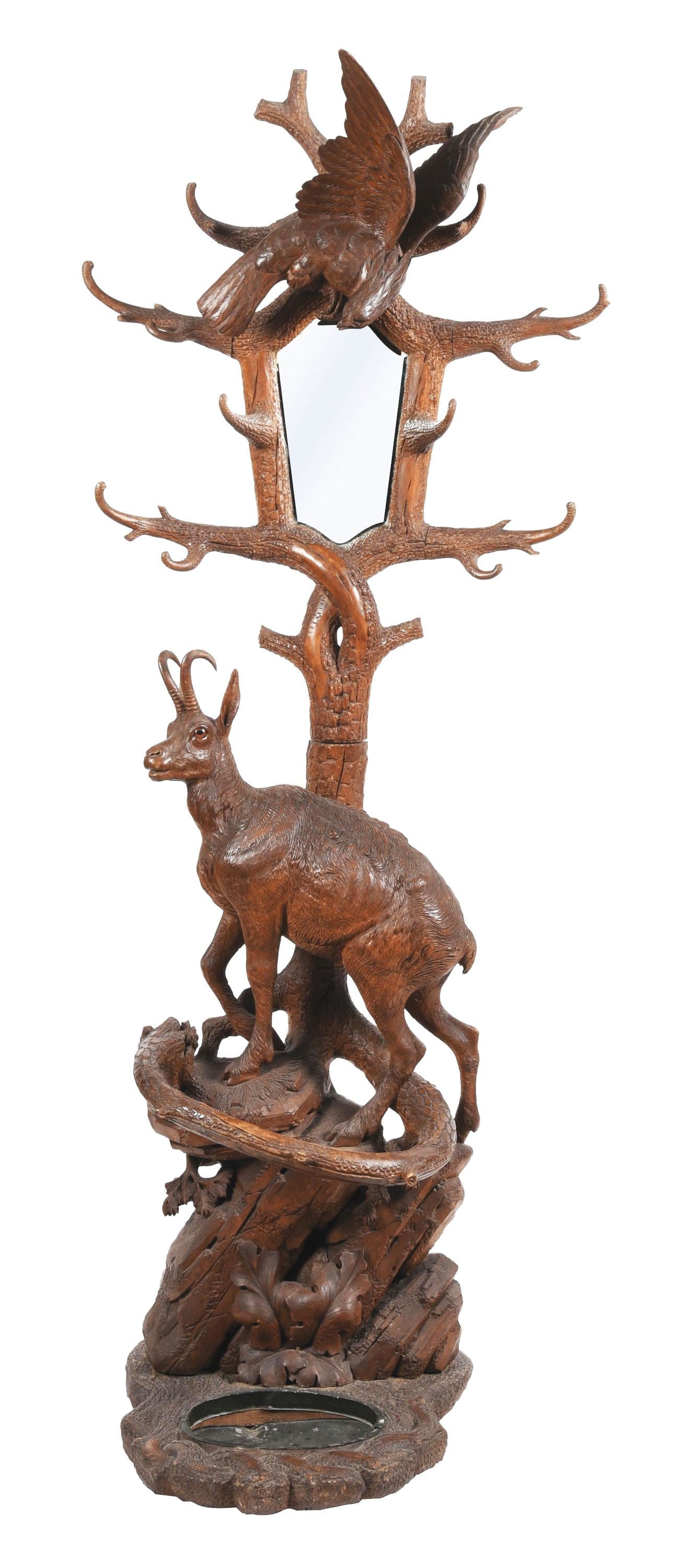 BLACK FOREST CARVED WOOD HALL TREE WITH GOAT & FLYING HAWK (1 of 6)