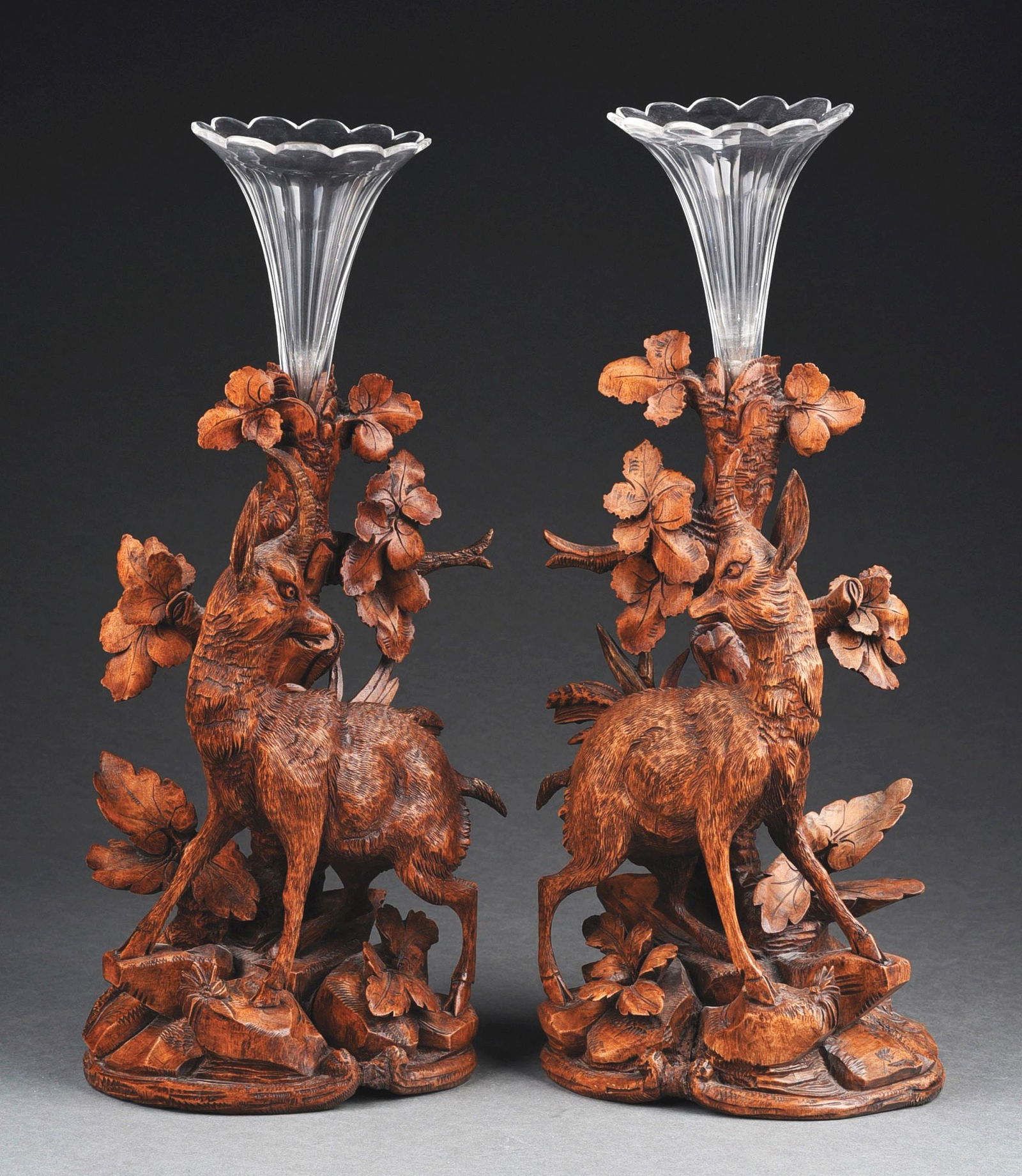 PAIR OF WOODEN BLACK FOREST IBEX W/ GLASS FLOWER VASES (1 of 5)