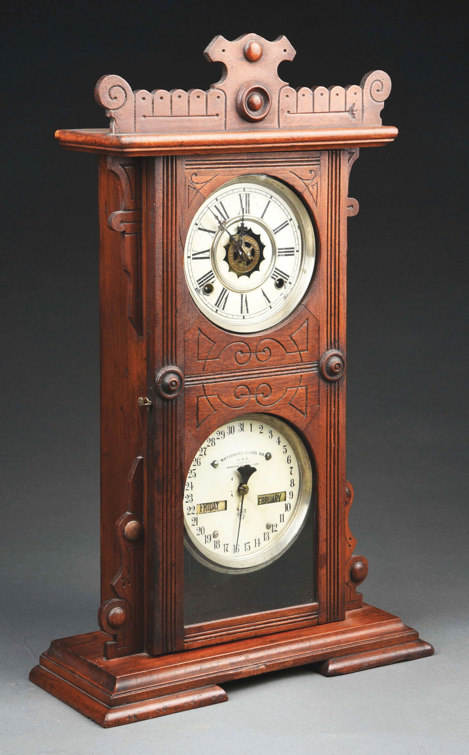 WATERBURY #44 DOUBLE DIAL CALENDAR SHELF CLOCK (1 of 5)