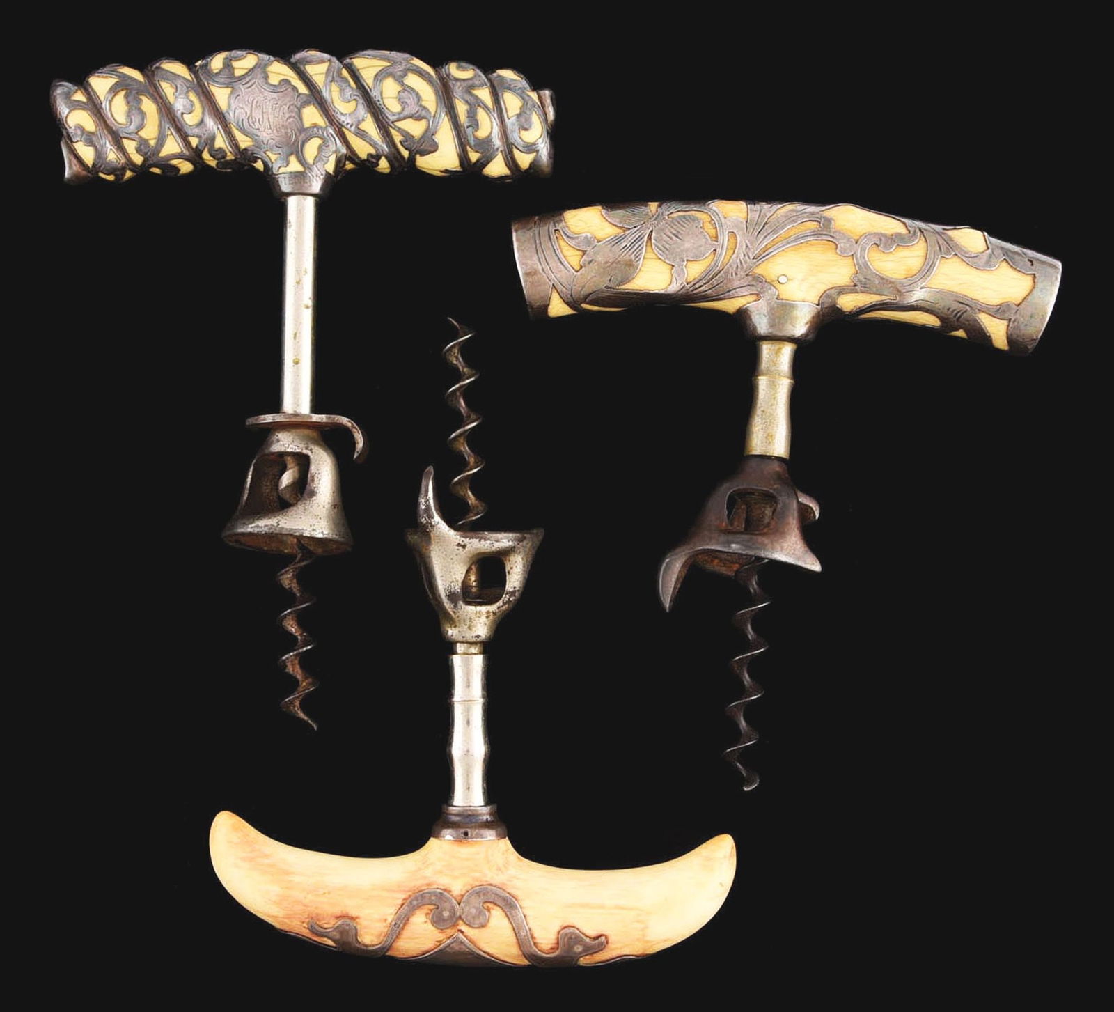 LOT OF 3: IVORY-HANDLED CORKSCREWS W/ SILVER OVERLAY (1 of 3)