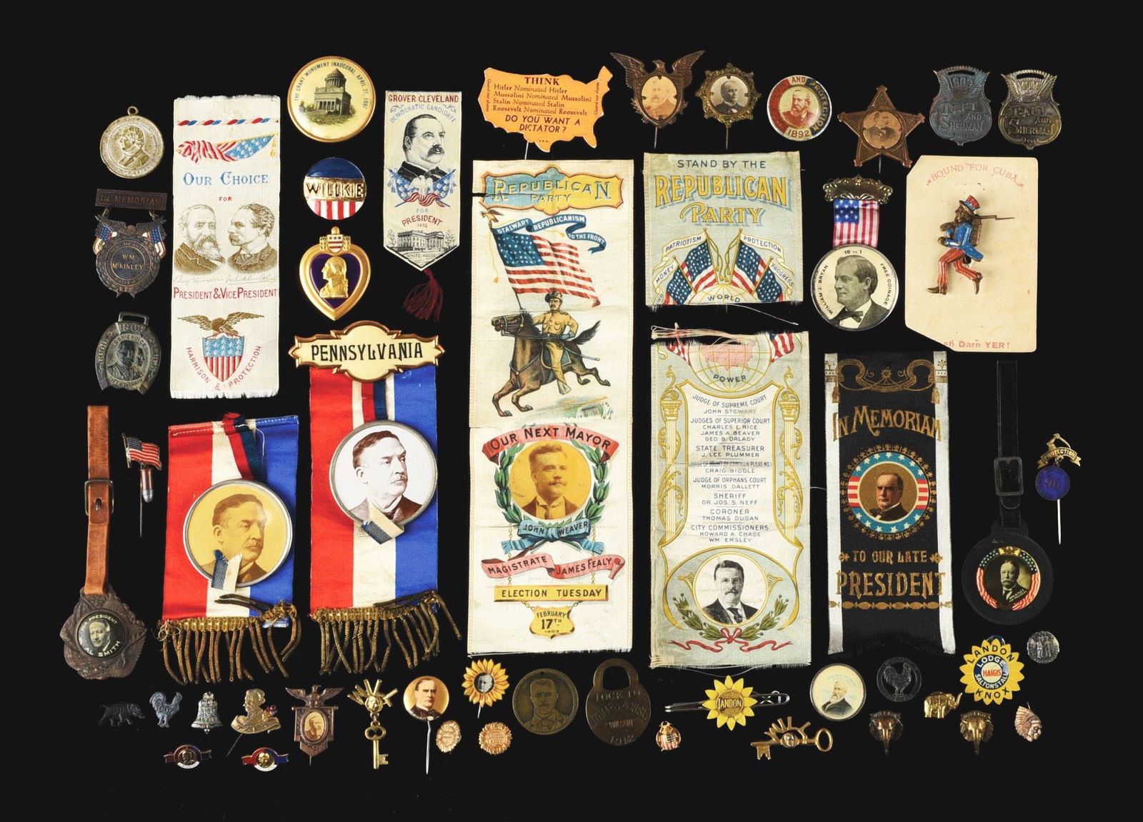 COLLECTION OF OVER 40 POLITICAL METALS, FOBS, BUTTONS AND MISCELLANEOUS (1 of 1)