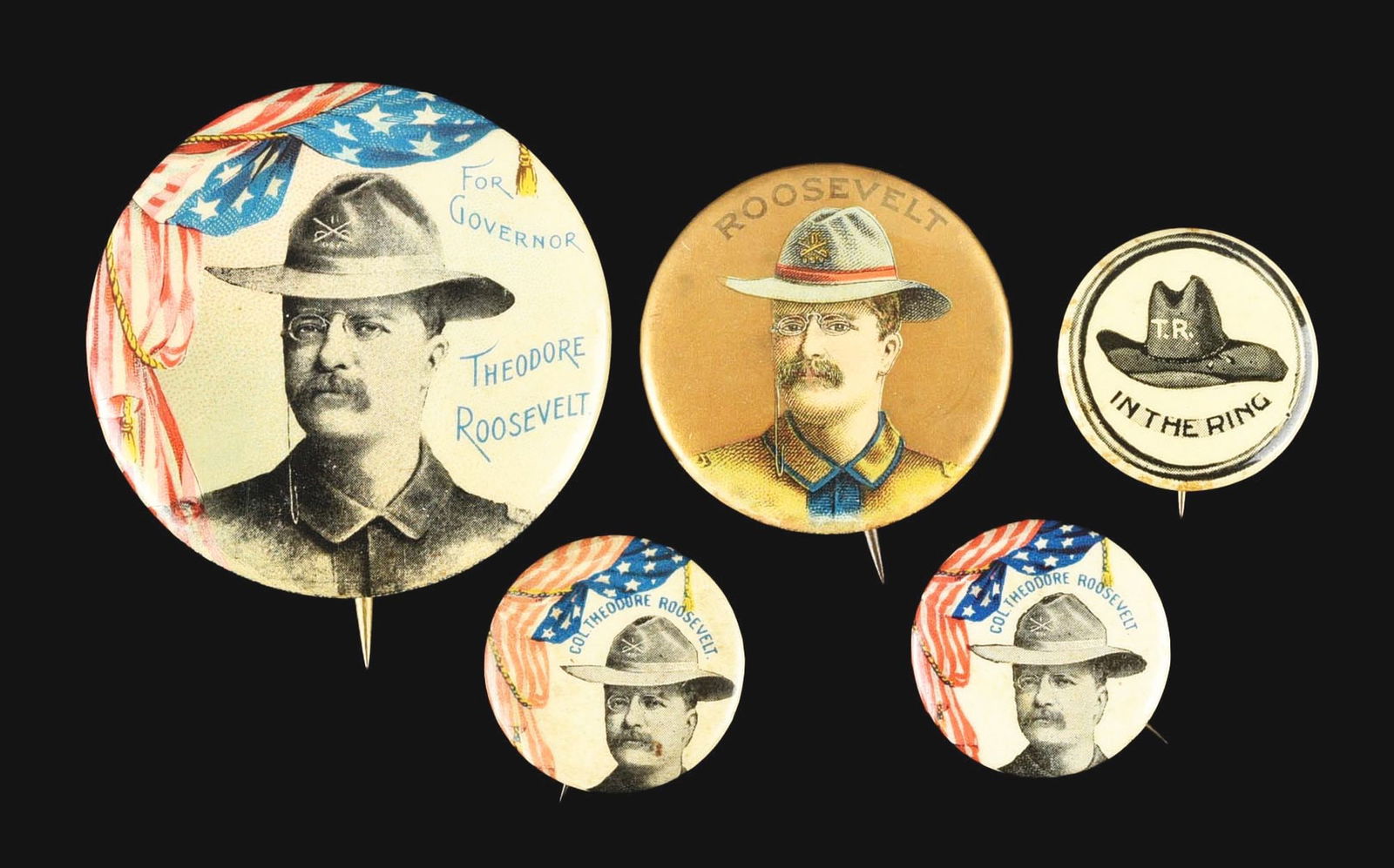 LOT OF 5: CELLULOID POLITICAL BUTTONS OF TEDDY ROOSEVELT (1 of 2)