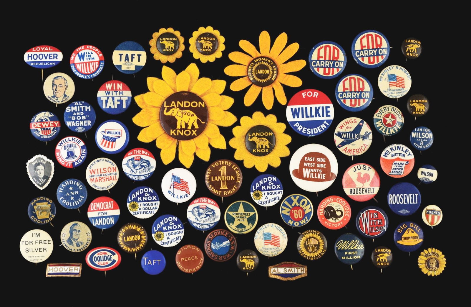 LOT OF 55: SLOGAN & NAME POLITICAL BUTTONS, 1/2" TO 1" (1 of 2)