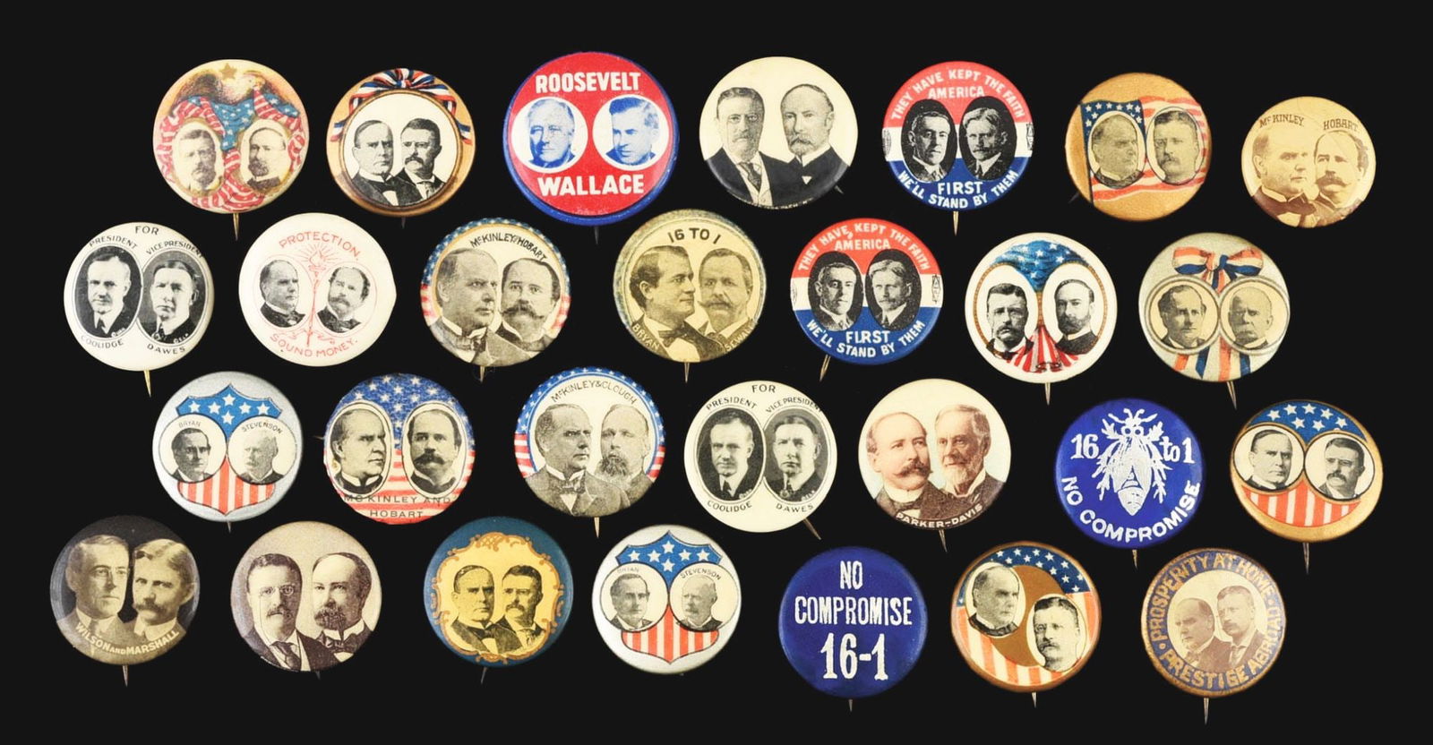 LOT OF 28: CELLULOID 7/8" POLITICAL PINBACK BUTTONS, ALL JUGATES (1 of 2)