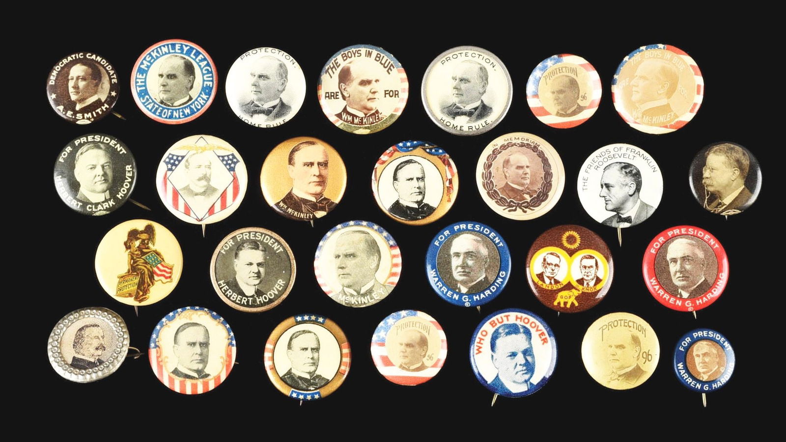 LOT OF 27: CELLULOID POLITICAL PINBACK & LAPEL STUD BUTTONS, ALL 3/4" TO 7/8" (1 of 2)