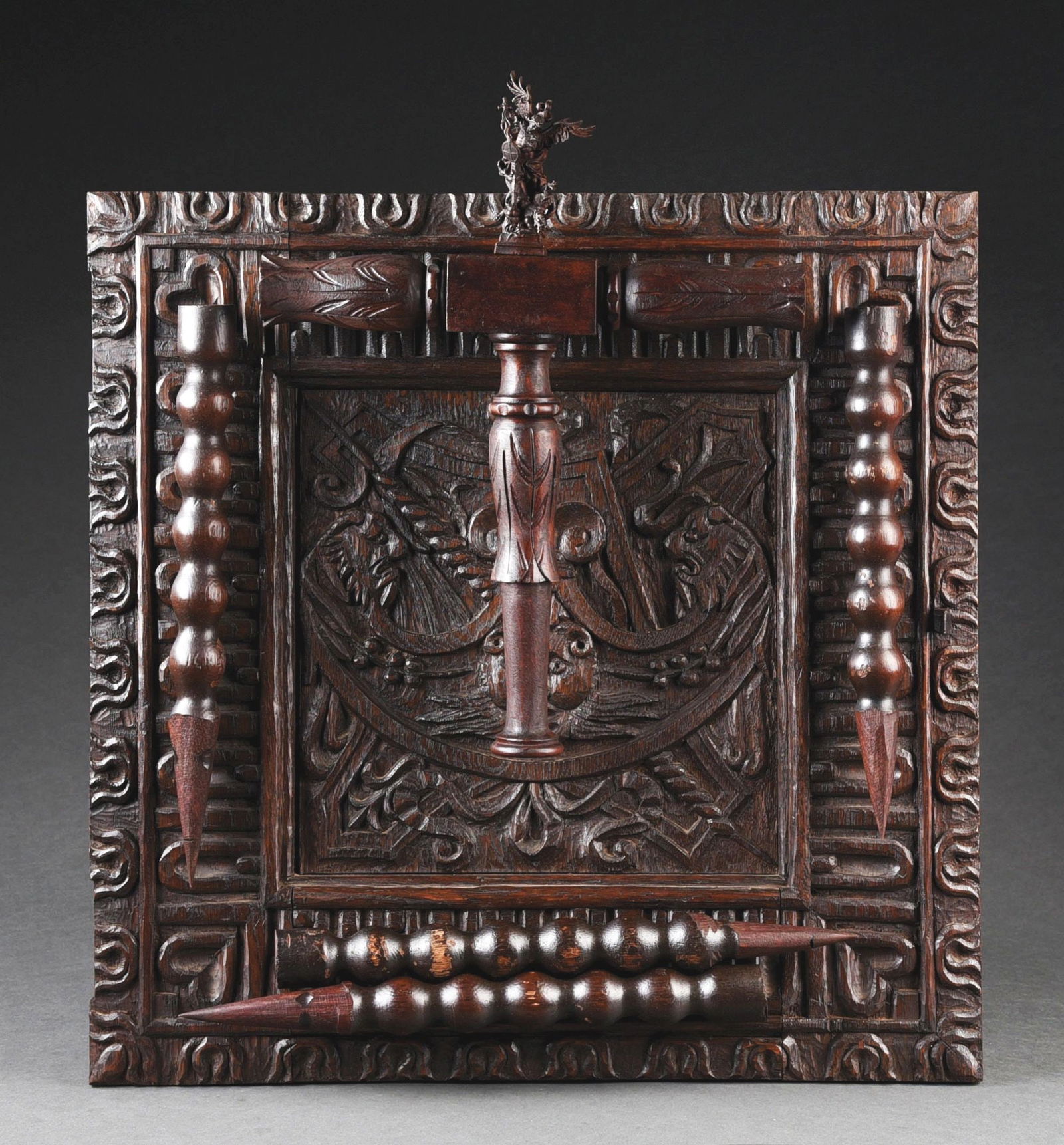 19TH CENTURY WOOD VAMPIRE PLAQUE W/ HAMMER & STAKES (1 of 3)