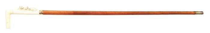 ANTIQUE WALKING STICK CANE W/ CARVED IVORY DOG HOLDING HORSE'S BRIDLE