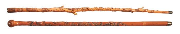 LOT OF 2: ANTIQUE WALKING STICK CANES W/ WOODEN FOLK ART