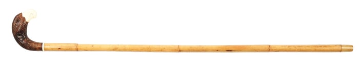 ANTIQUE WALKING STICK CANE W/ WOODEN BIRD HANDLE & CARVED IVORY BEAK