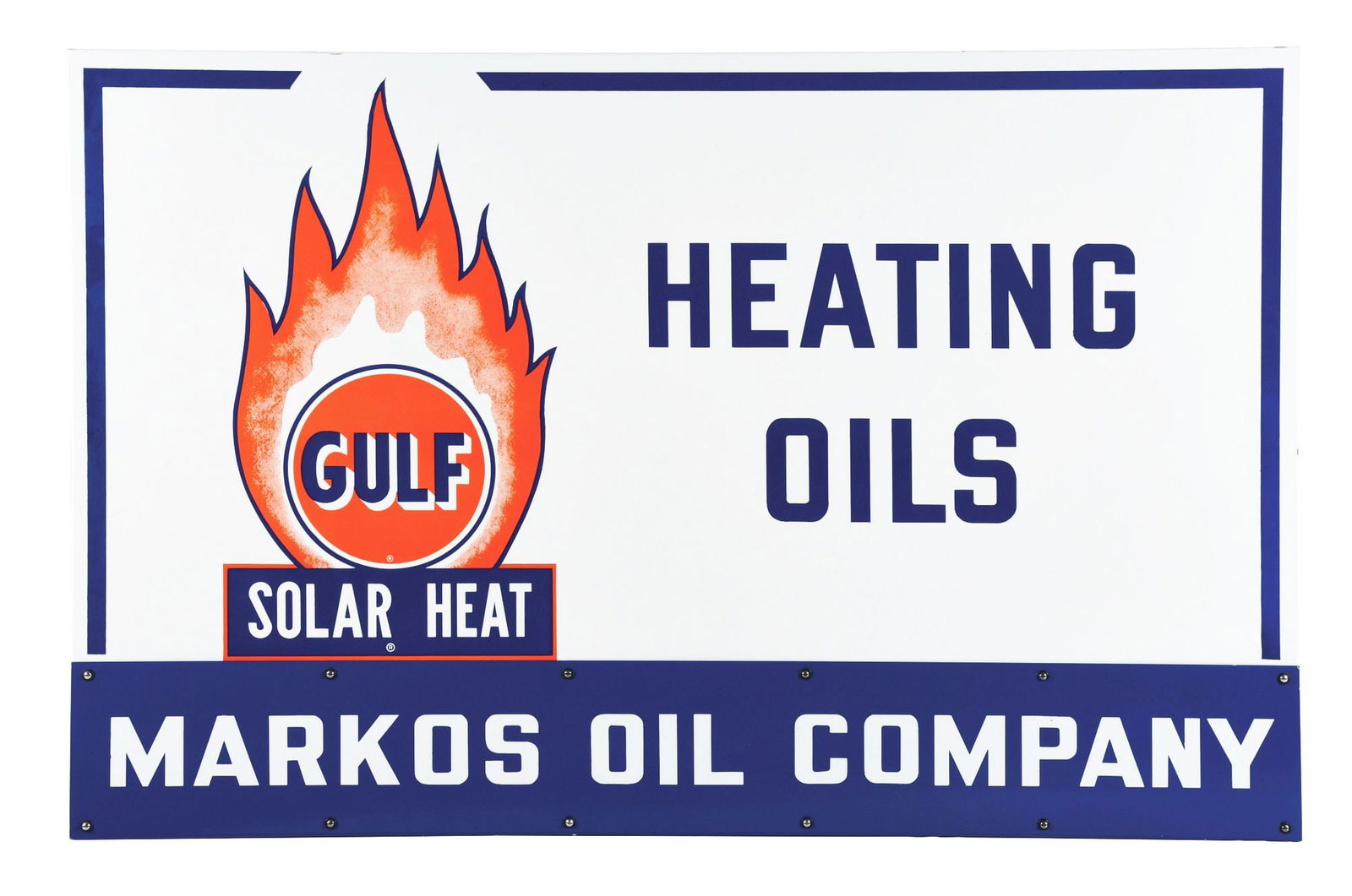 AN OUTSTANDING NEW OLD STOCK HEATING OILS PORCELAIN SIGN W/ FLAME GRAPHIC & ORIGINAL WOOD CRATE.: SSP. Absolutely spectacular new old stock c. 1950s Gulf Solar Heat Heating Oils porcelain sign, completed with the Markos Oil Company privilege panel accessory sign and original wooden crate. CONDITIO