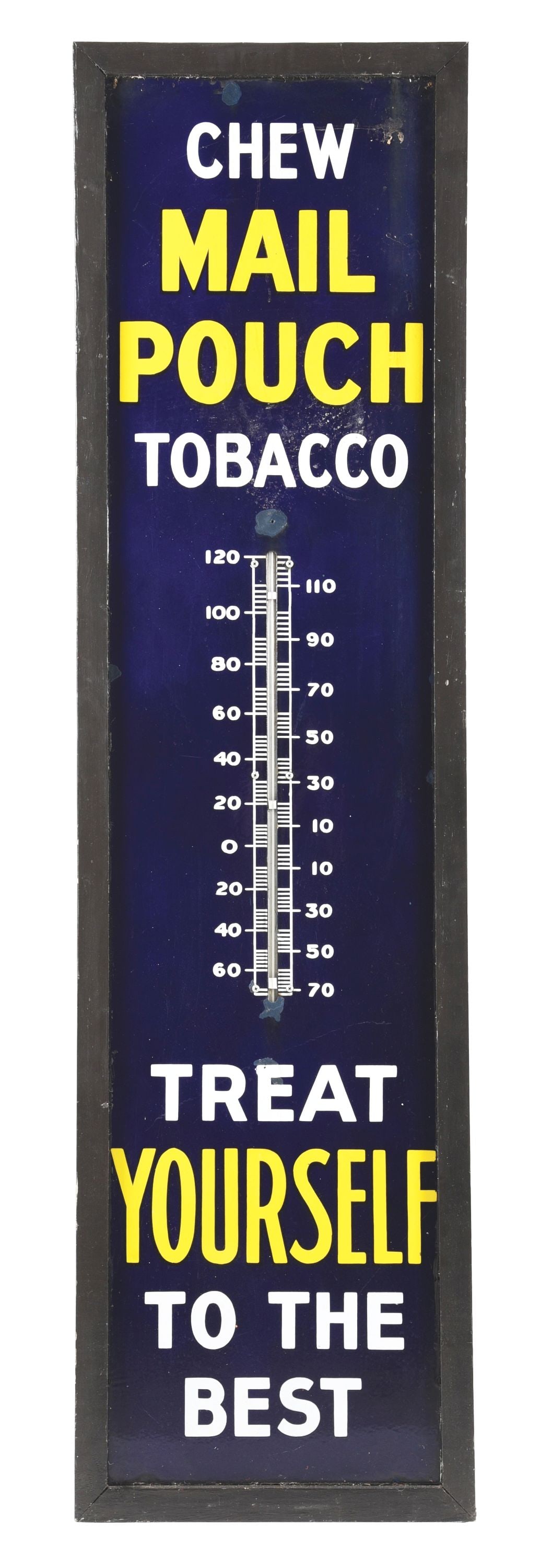 CHEW MAIL POUCH TOBACCO PORCELAIN THERMOMETER SIGN. (1 of 2)