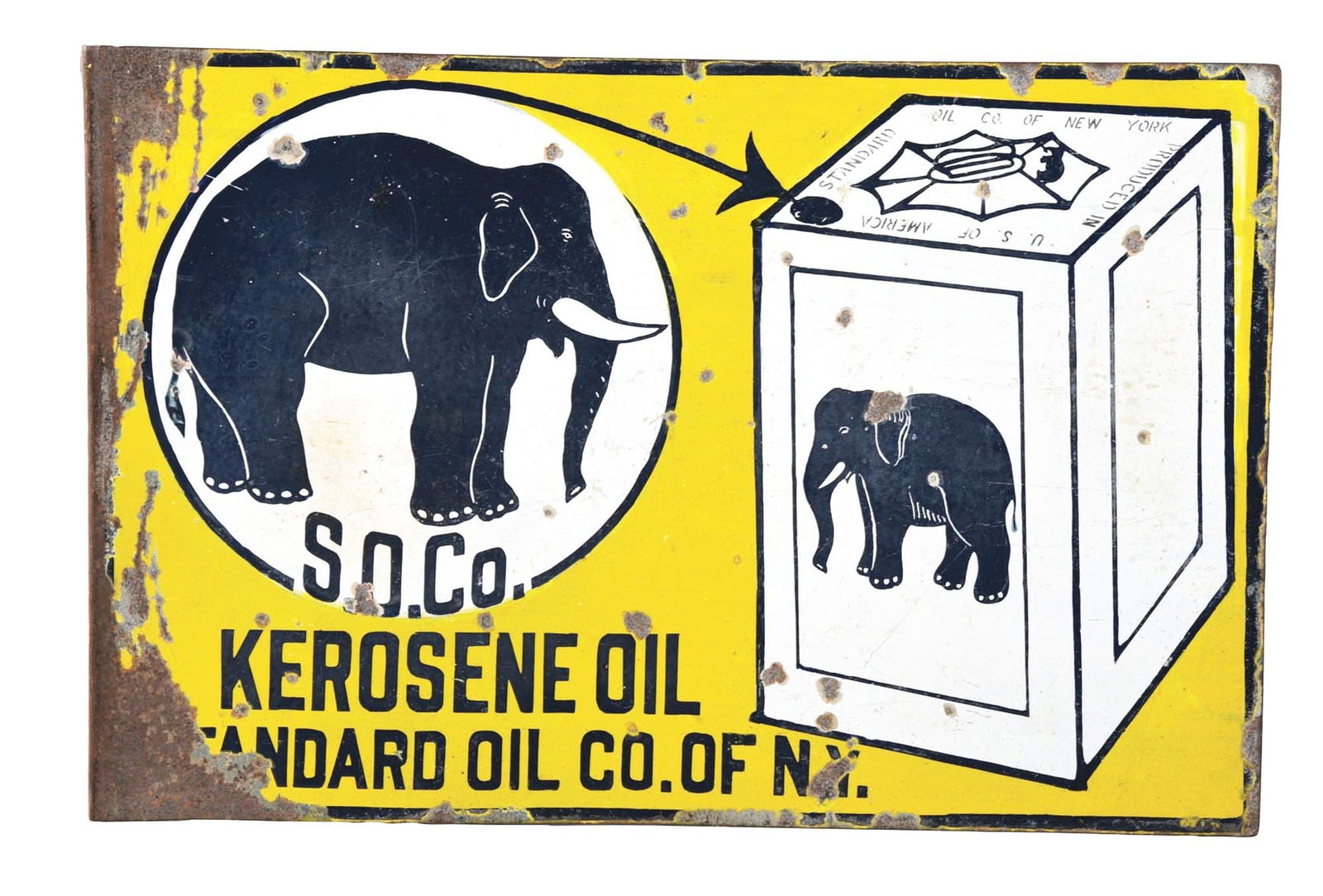 PORCELAIN SOCO KEROSENE FLANGE SIGN W/ ELEPHANT GRAPHIC. (1 of 2)
