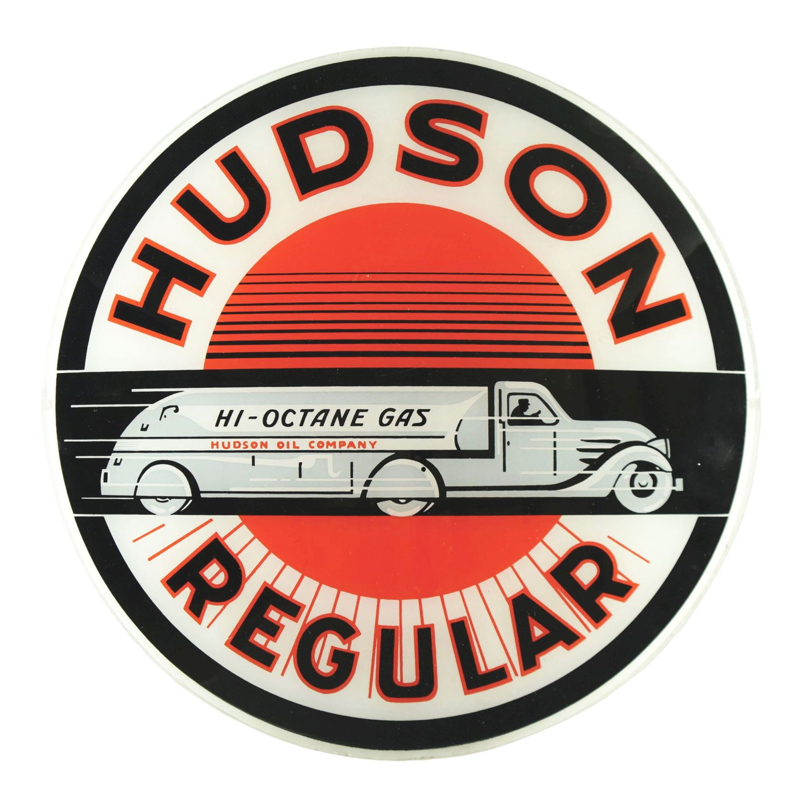 HUDSON REGULAR GASOLINE SINGLE 13.5" GLOBE LENS W/ TANKER TRUCK GRAPHIC. (1 of 2)
