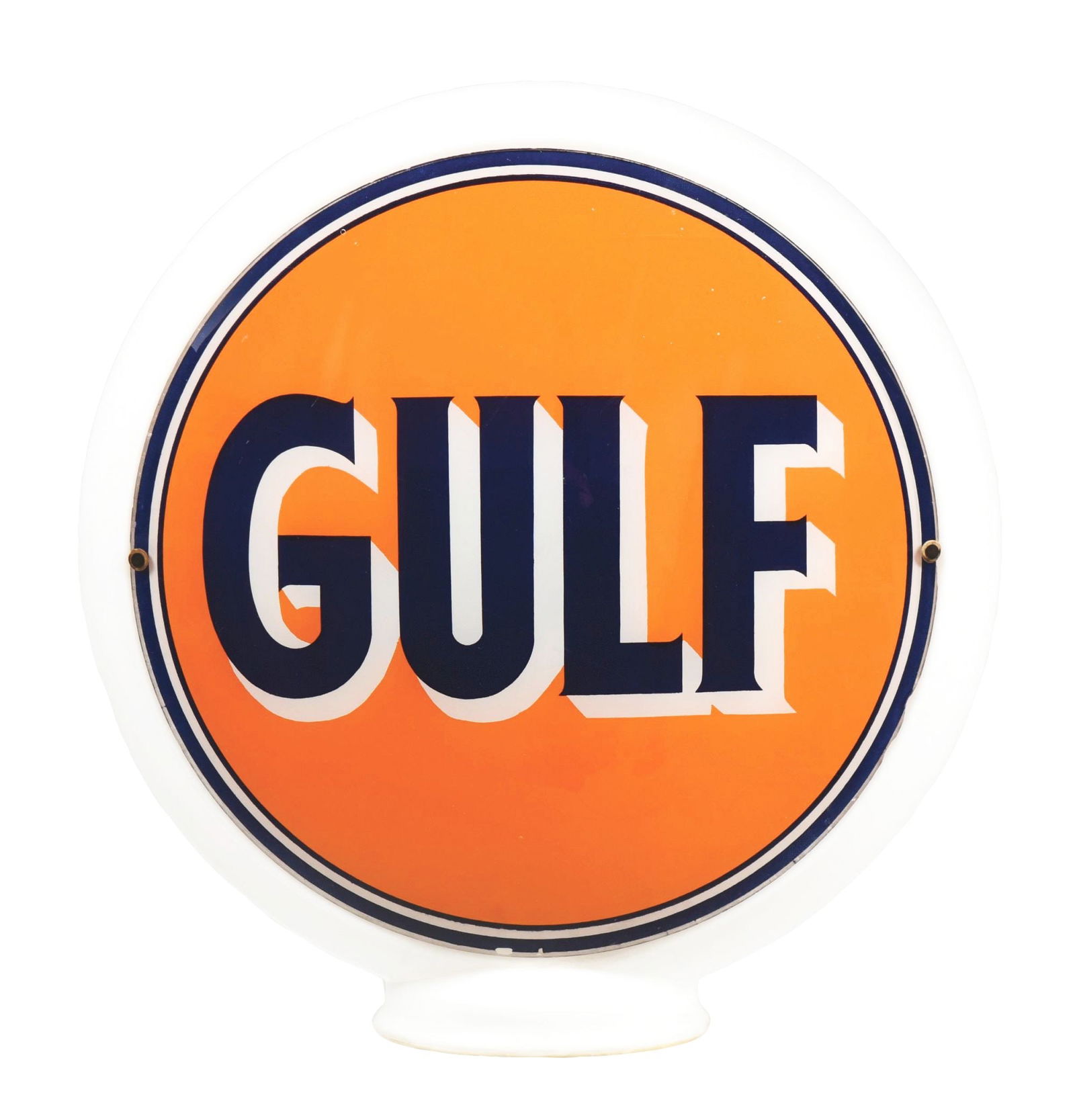 GULF GASOLINE COMPLETE 13.5" GLOBE ON NARROW MILK GLASS BODY. (1 of 4)