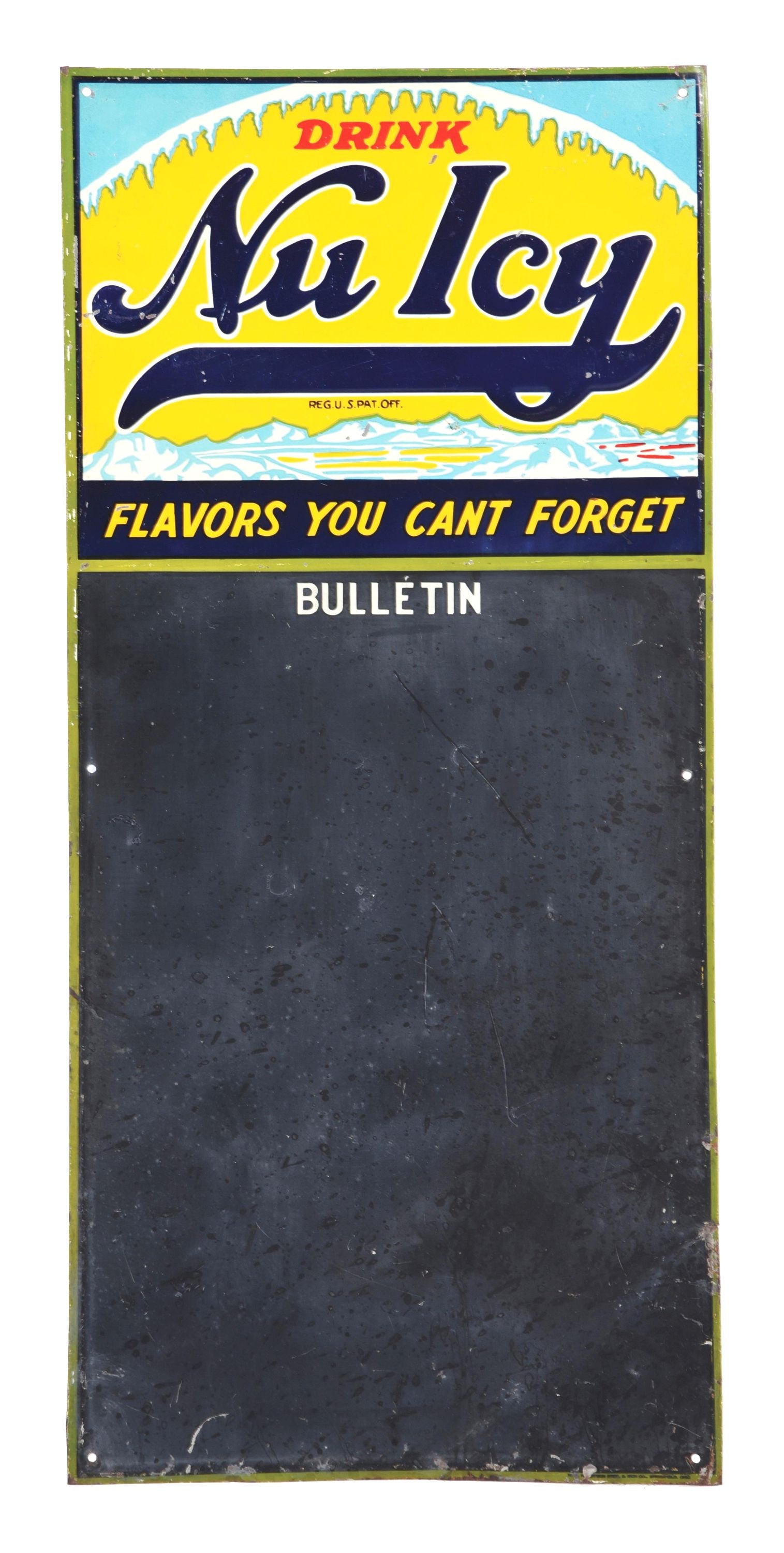 DRINK NU ICY MENU BOARD SIGN.: SST. Maker Marked "Robertson Steel and Iron Co." A rare example of this embossed tin menu board sign from Nu Icy featuring wonderful color and winter graphics. CONDITION: The top field of the sign sho