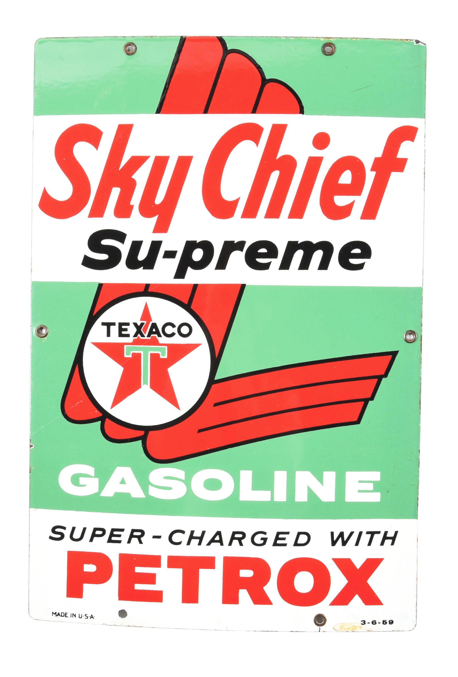 TEXACO SKY CHIEF SU-PREME GASOLINE PORCELAIN PUMP PLATE SIGN.: SSP. Marked "3-6-59." A nice example of this C. 1950's single sided porcelain pump plate sign from Texaco Sky Chief featuring wonderful color and graphics. CONDITION: The field of this sign remains cl
