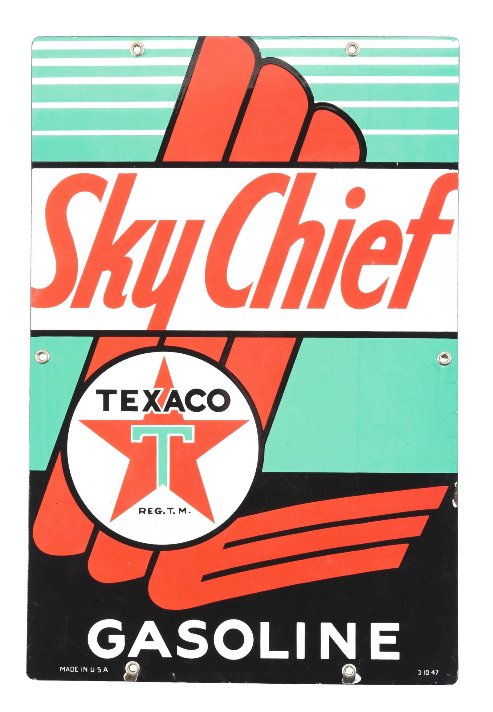 TEXACO SKY CHIEF GASOLINE PORCELAIN PUMP PLATE. (1 of 4)