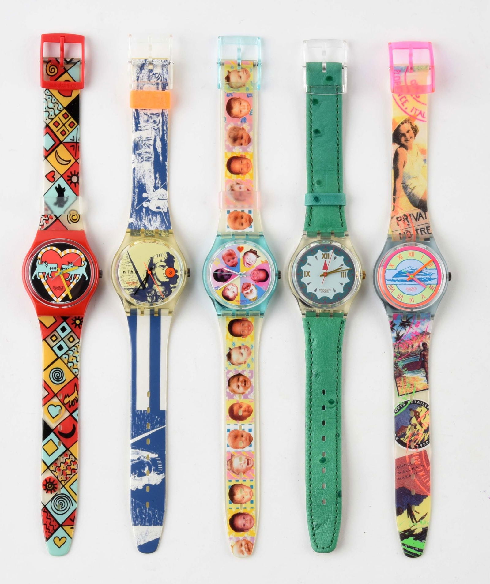 LOT OF 5: STANDARD GENTS SWATCHES: (A) GR118 "Bark Bark" Standard Gents Swatch Watch. Designed by Louise Gibb. Issued in 1994. (B) GK132 "Amneris" Standard Gents Swatch Watch. Issued in 1991. (C) GL107 "Sweet Baby" Standard Gents Swatc