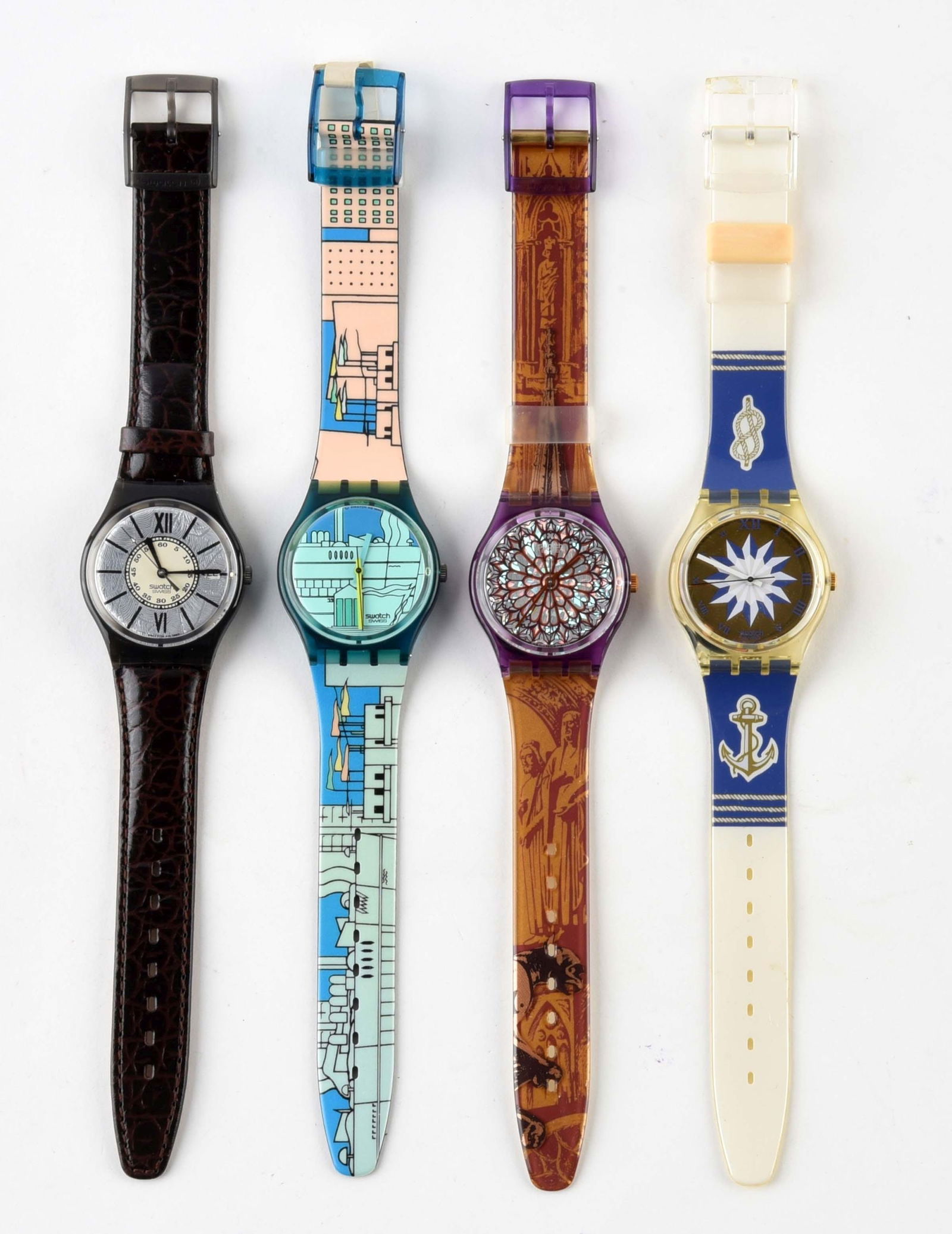 LOT OF 4: STANDARD GENTS SWATCHES: (A) GM403 "Tobacco" Standard Gents Swatch Watch. Issued in 1994. (B) GN109 "Metroscape" Standard Gents Swatch Watch. Designed by Alessandro Mendini. Issued in 1990. (C) GV108 "Quasimodo" Standard Gent