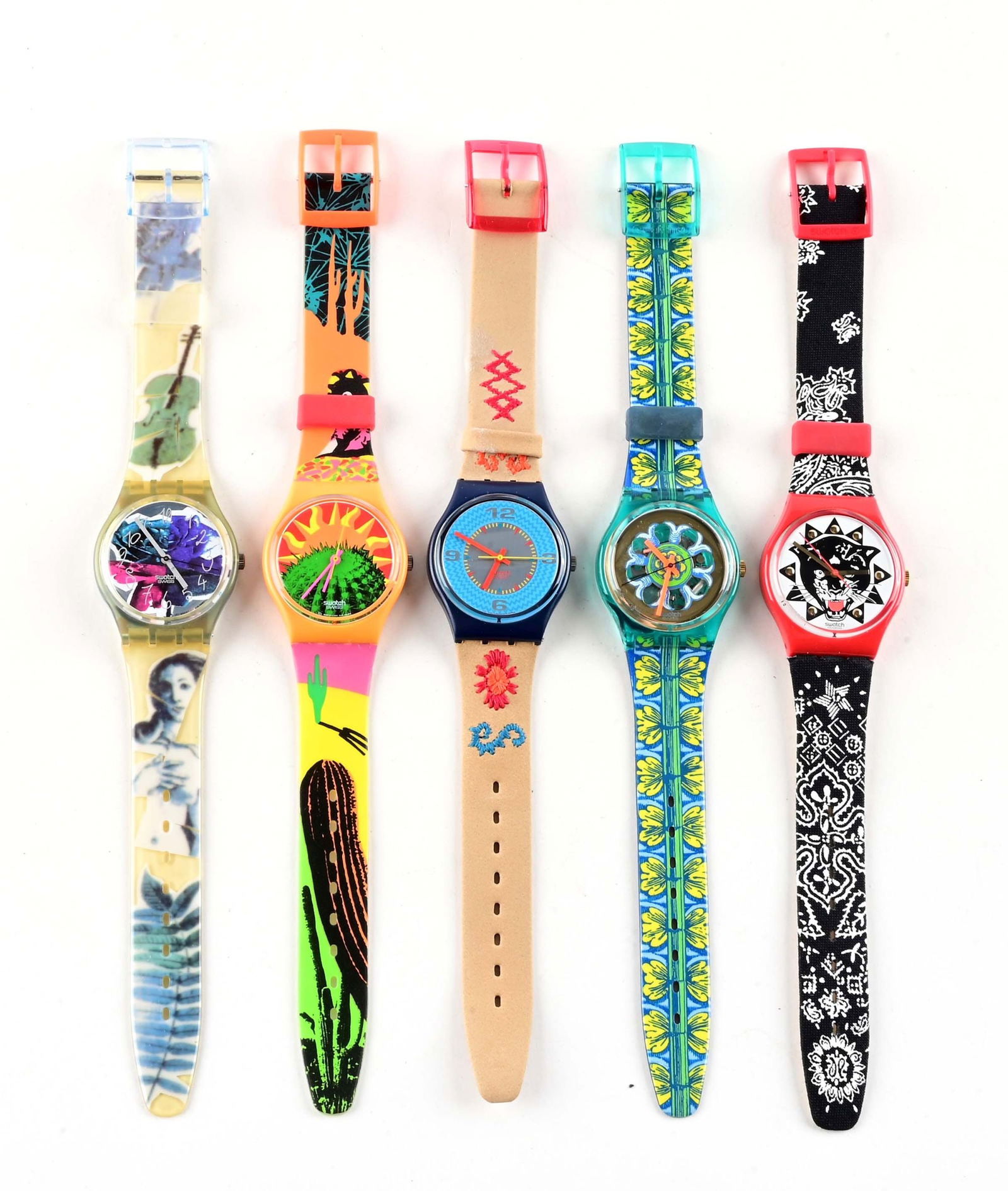 LOT OF 5: STANDARD GENTS SWATCHES: (A) GN122 "Photoshooting" Standard Gents Swatch Watch. Issued in 1992. (B) GO102 "Tequila" Standard Gents Swatch Watch. Issued in 1994. (C) GN126 "Cancun" Standard Gents Swatch Watch. Issued in 1993.