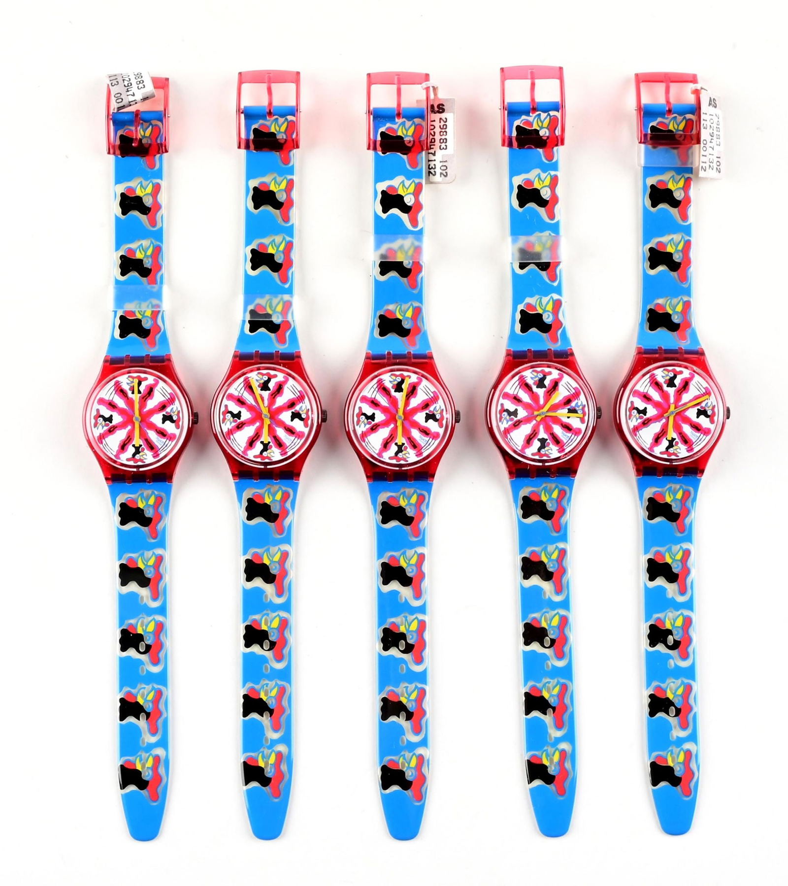 LOT OF 5: STANDARD GENTS SWATCHES: GR112 "Chicchirichi" Standard Gents Swatch Watch. Designed by Massimo Giacon. Issued in 1992. Condition: Excellent Dimensions: Case: 11" x 1" x 12 - 1/4".