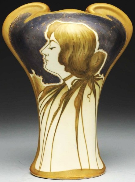 Amphora Ceramic Portrait Vase.: Matte finish. Opposite side with stylized enamel butterfly. One hairline on reverse side of the vase (butterfly side). Condition (Good). Size 11" T.