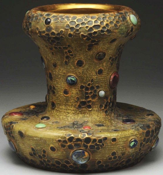 Amphora Gres-Bijou Vase.: With flared out top and applied jewels. Amphora crown mark, Austria oval mark, and Amphora oval mark to underside. Condition (Mint). Size 12 - 1/2" T.