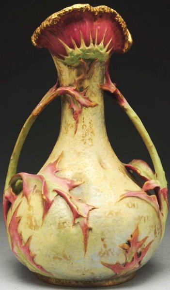 Amphora Floriform Vase.: With two leaf handles. Underside with impressed crown mark, Austria mark, and Amphora oval mark. Condition (Mint). Size 15 - 1/4" T.