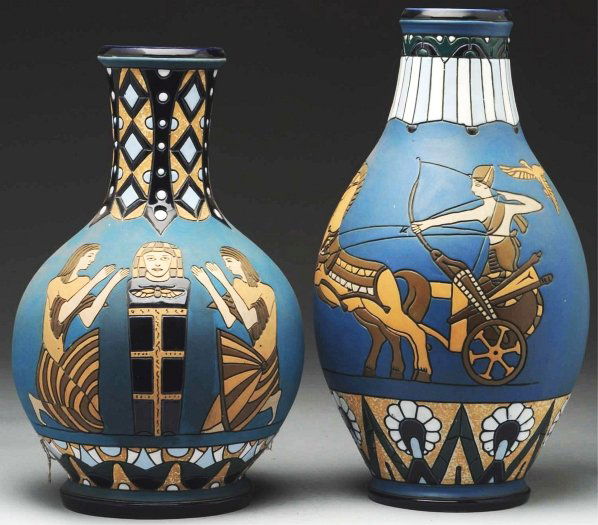 Lot of 2: Czechoslovakian Amphora Vases.: Both with decorations of Egyptian scenes. Monumental in size. Each stamped with the Czechoslovakian Amphora mark. Condition (Mint). Size Largest: 17 - 1/2" T.