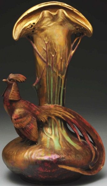 Amphora Pheasant Vase.: Beautiful iridized glazes. Amphora Austria oval mark to underside. Condition (Mint). Size 16" T.